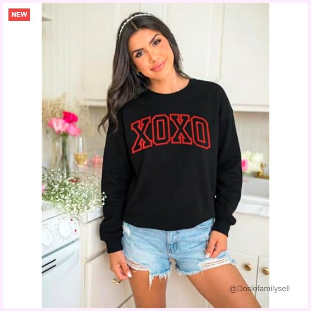 Valentine Embroidered Striped Sweatshirt Long Sleeve Top Cozy Ribbed Knit - Picture 5 of 5